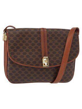 Authentic CELINE Macadam Canvas Shoulder Bag PVC Leather Brown Gold